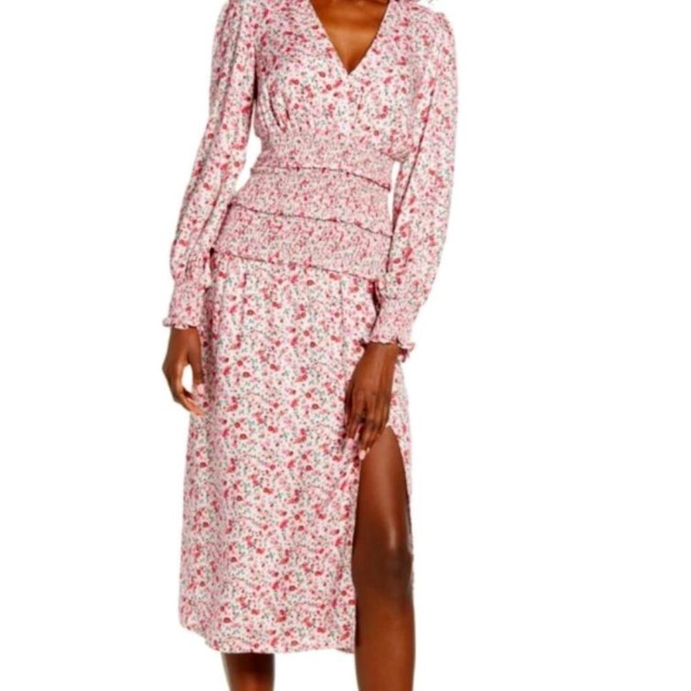 AFRM | "Hazel" Midi Dress Smocked Floral Long Sleeve Slit Pastel Pink | Medium
